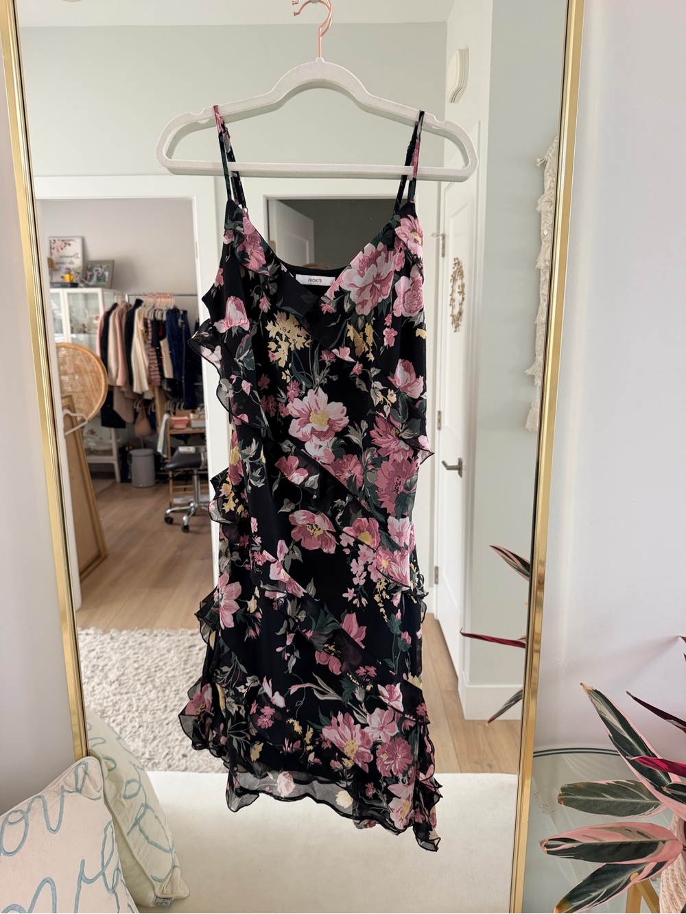 New Floral Ruffle Slip Dress - Black/Pink